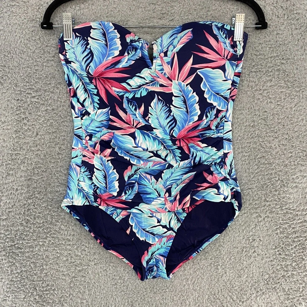 Tommy‎ Bahama Swimsuit Womens 8 One Piece Floral Strapless Bandeau Tropical Blue